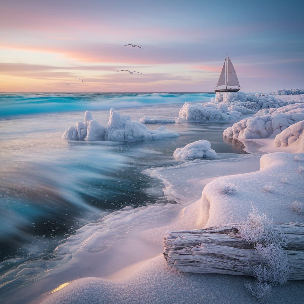 Winter Beachscape with Icy Waves and Pastel Dawn