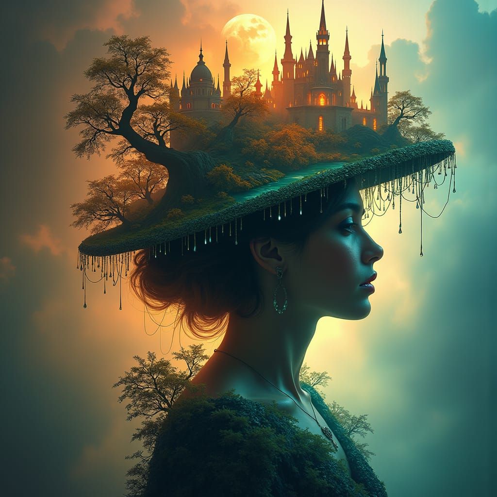 Mystical Woman with Kingdom Hat in Dreamlike Style