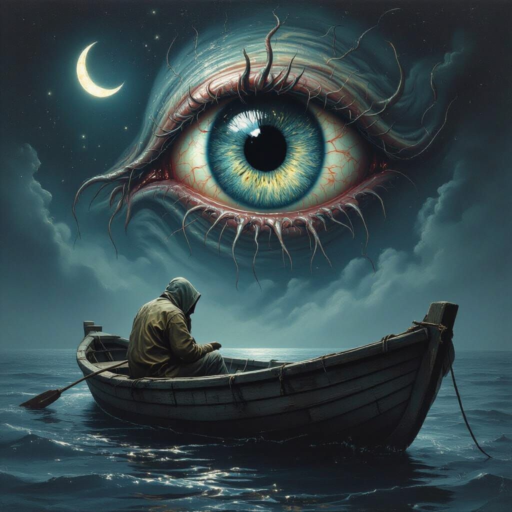 Eldritch Eye Horror Over Fisherman's Rowboat