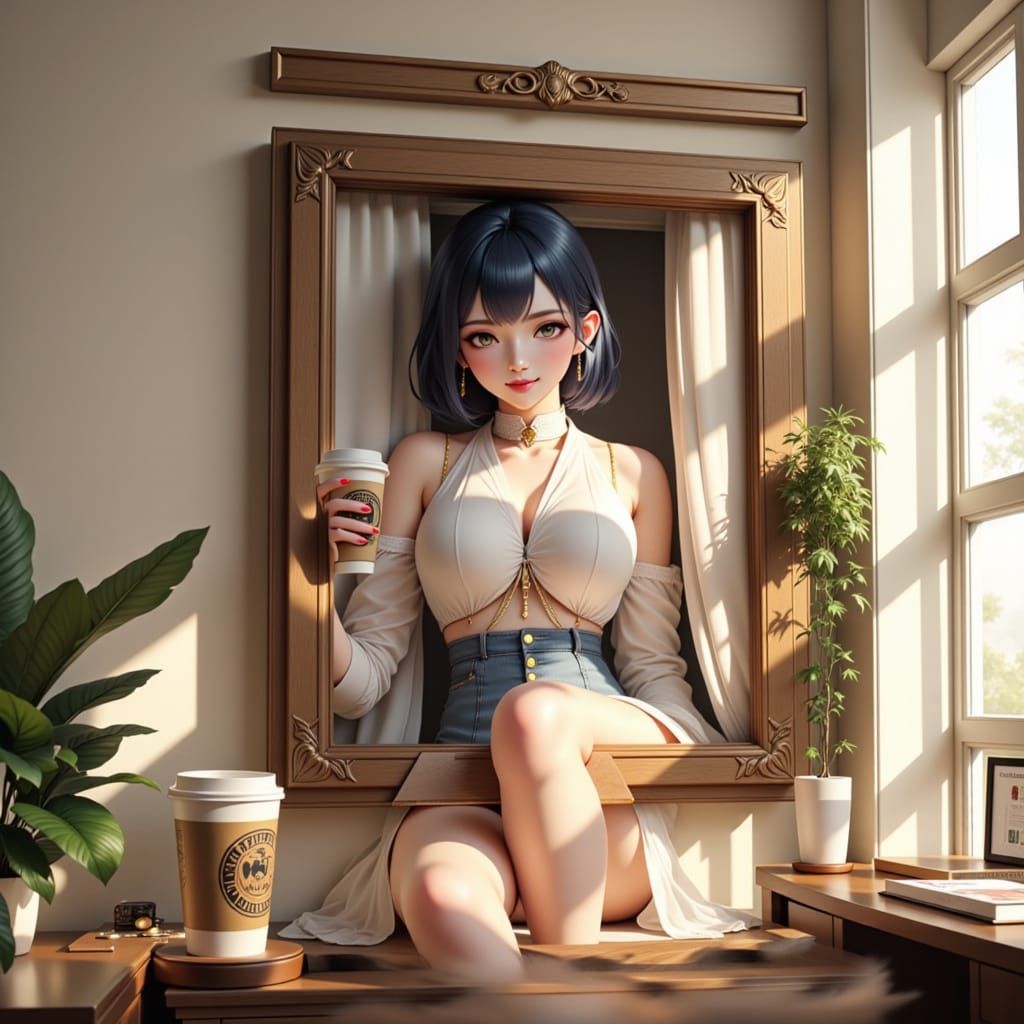 Anime Girl Emerges From Portrait to Accept Coffee