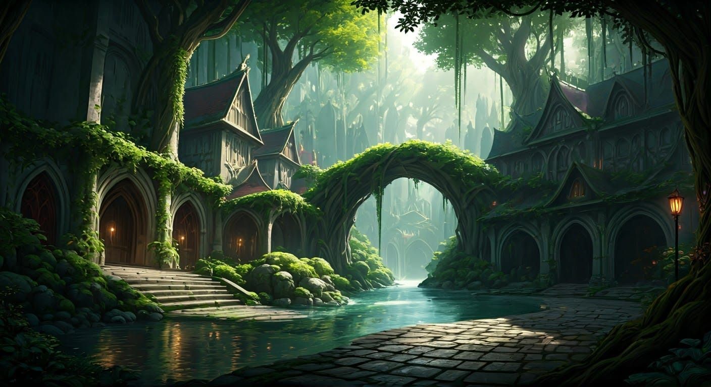 Fantastical Elven Cityscape in Vibrant Colors