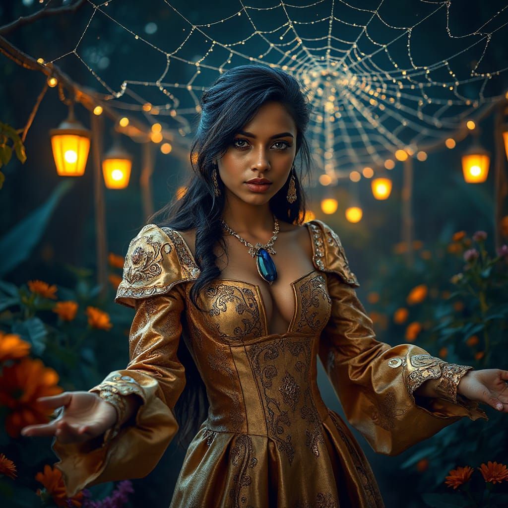 Enchanted Indian Woman in Victorian Gown Under Starry Sky