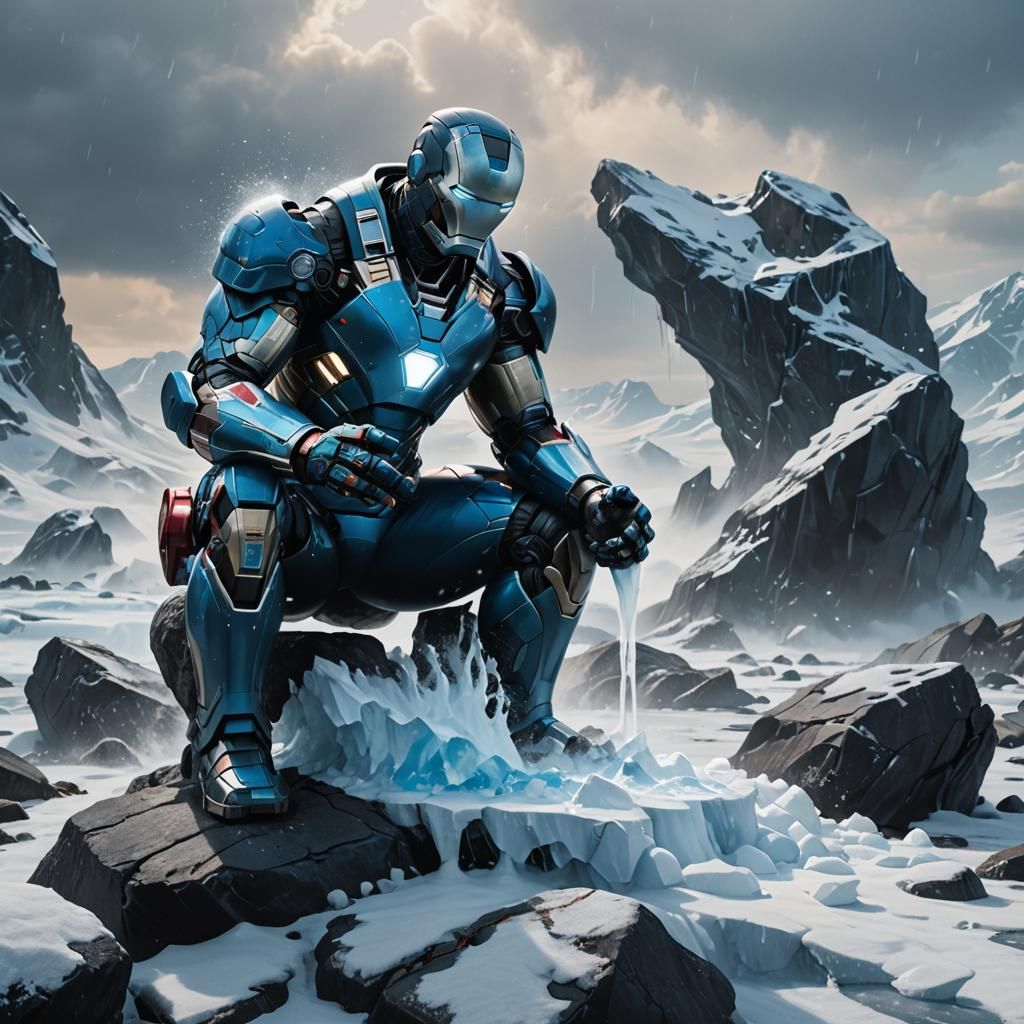 Blue Ironman in Icy Sci-Fi Landscape, Matte Painting