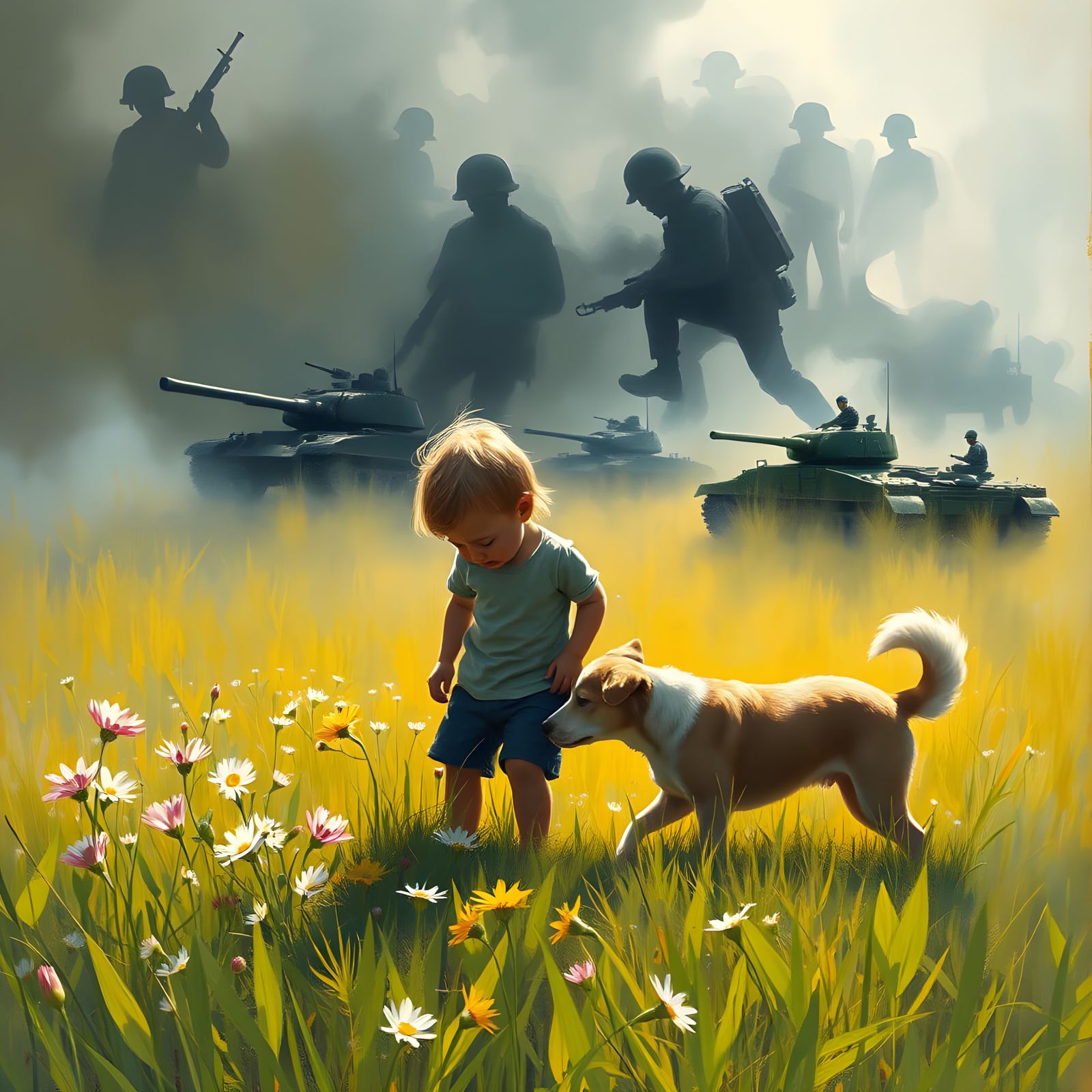 Peaceful Garden Contrasts with Abstract War