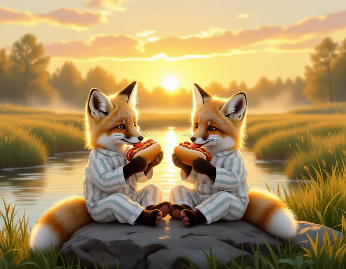 Fox Cubs' Sunrise Feast: A Digital Painting