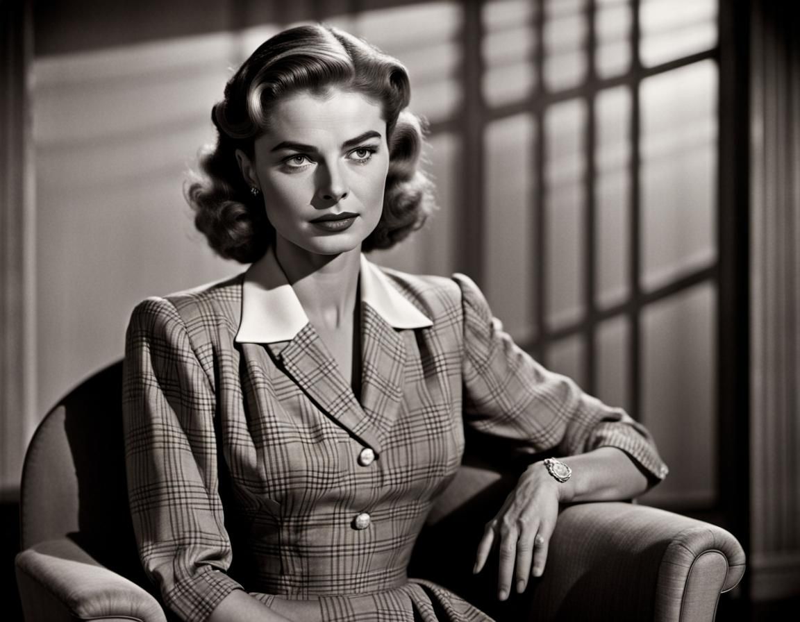 Casablanca close up, full body, Ingrid Bergman, sitting in a chair, plaid 1940s dress, WWII drama and romance, dimly lit...