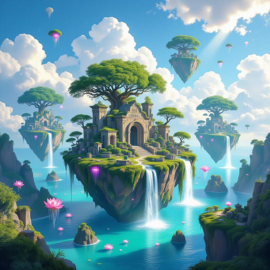 Surreal Floating Islands with Alien Ruins and Glowing Flora