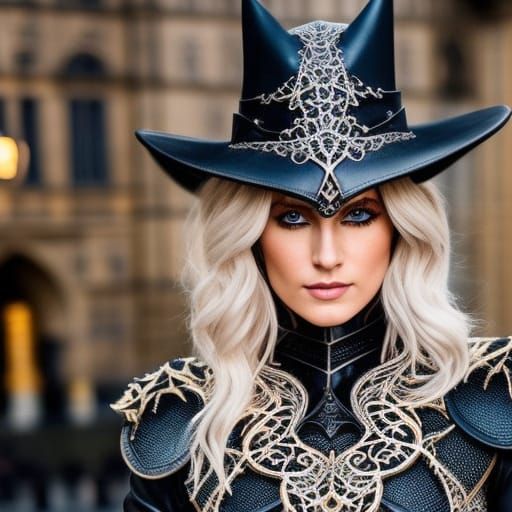 Detailed Medieval Witch in Black Leather Dress