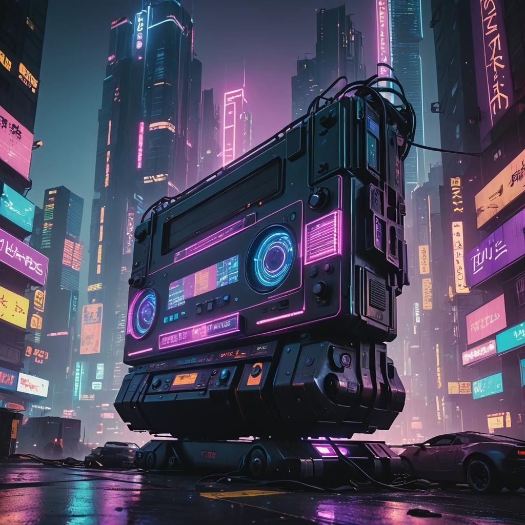 Cyberpunk Cityscape Dominated by Giant Tape Recorder