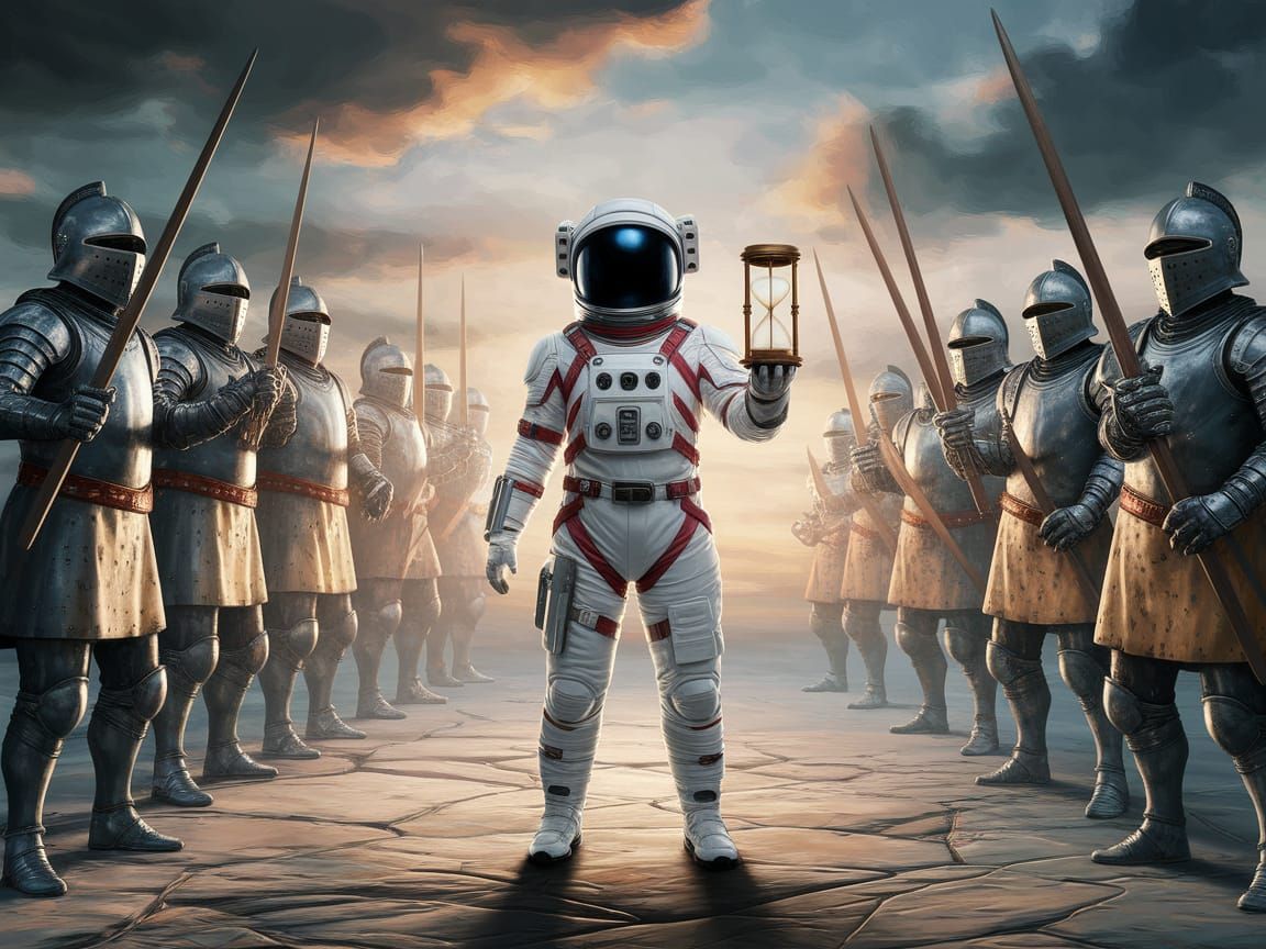 Astronaut in Time Travel Battlefield, Painterly Style