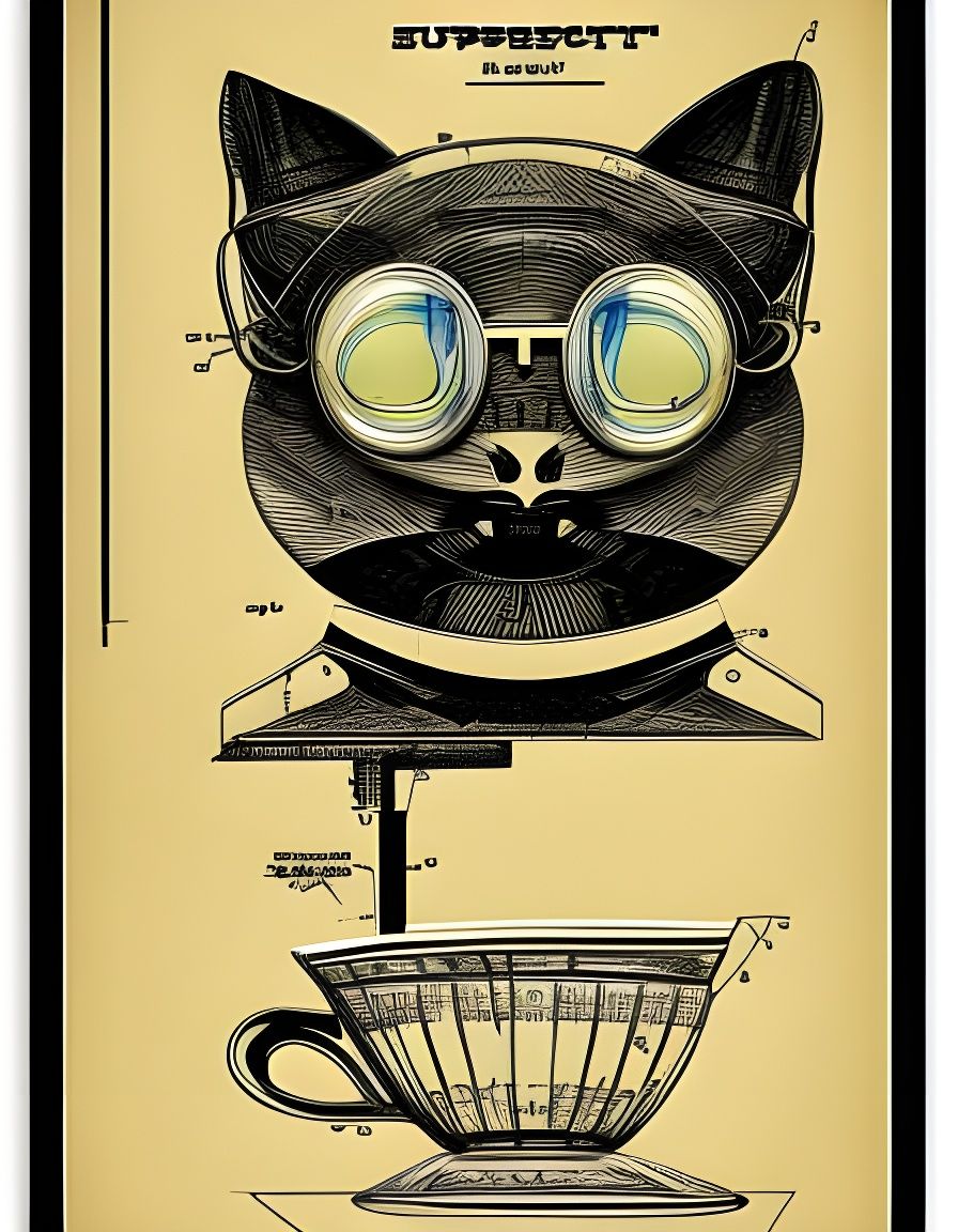 Kitten in Teacup Patent Design: Cyberpunk Steamnouveau