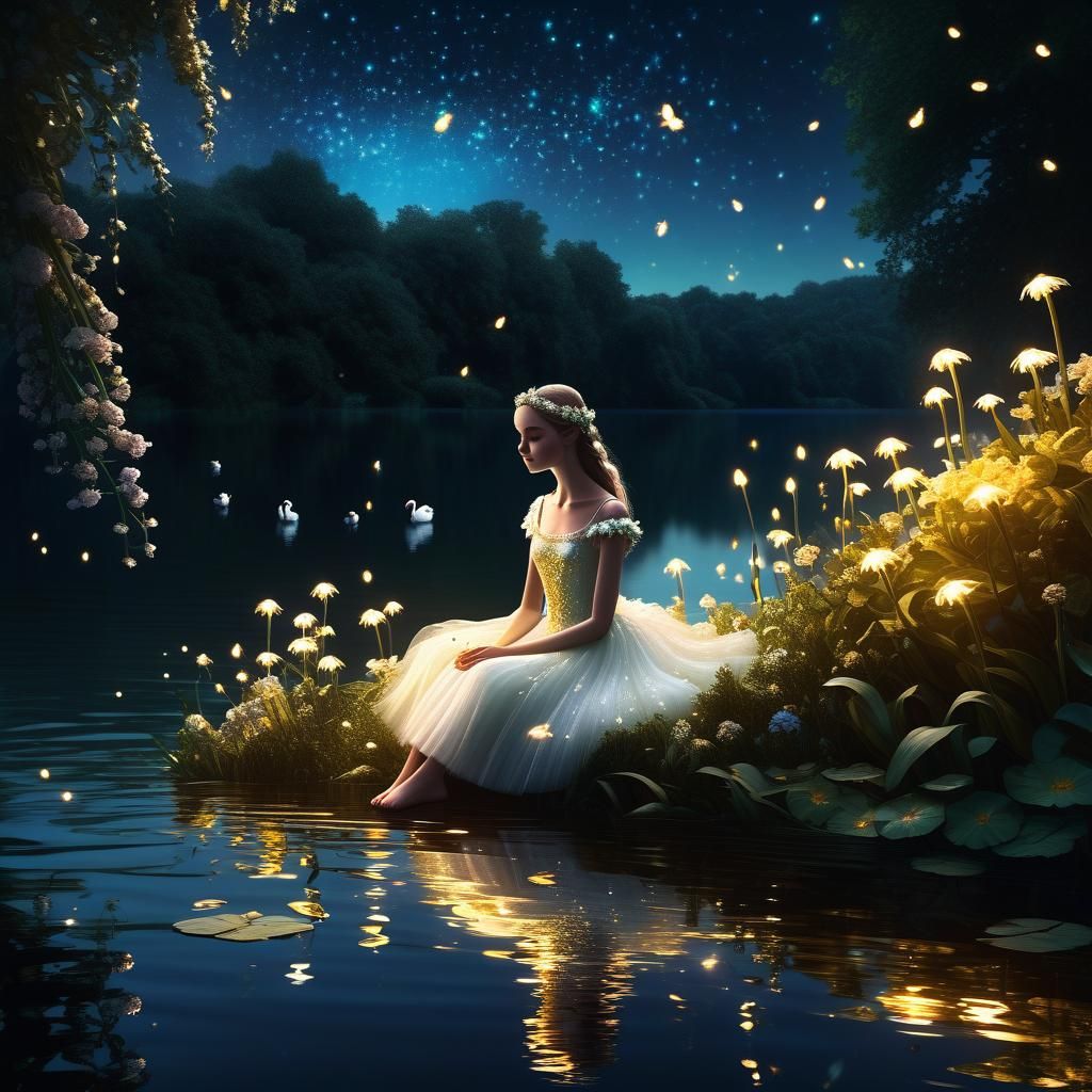 Enchanted Elf by Illuminated Lake at Night