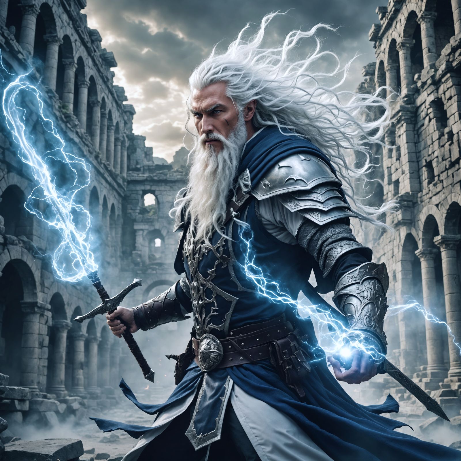 A photorealistic image of a battle mage in a mythical settin...