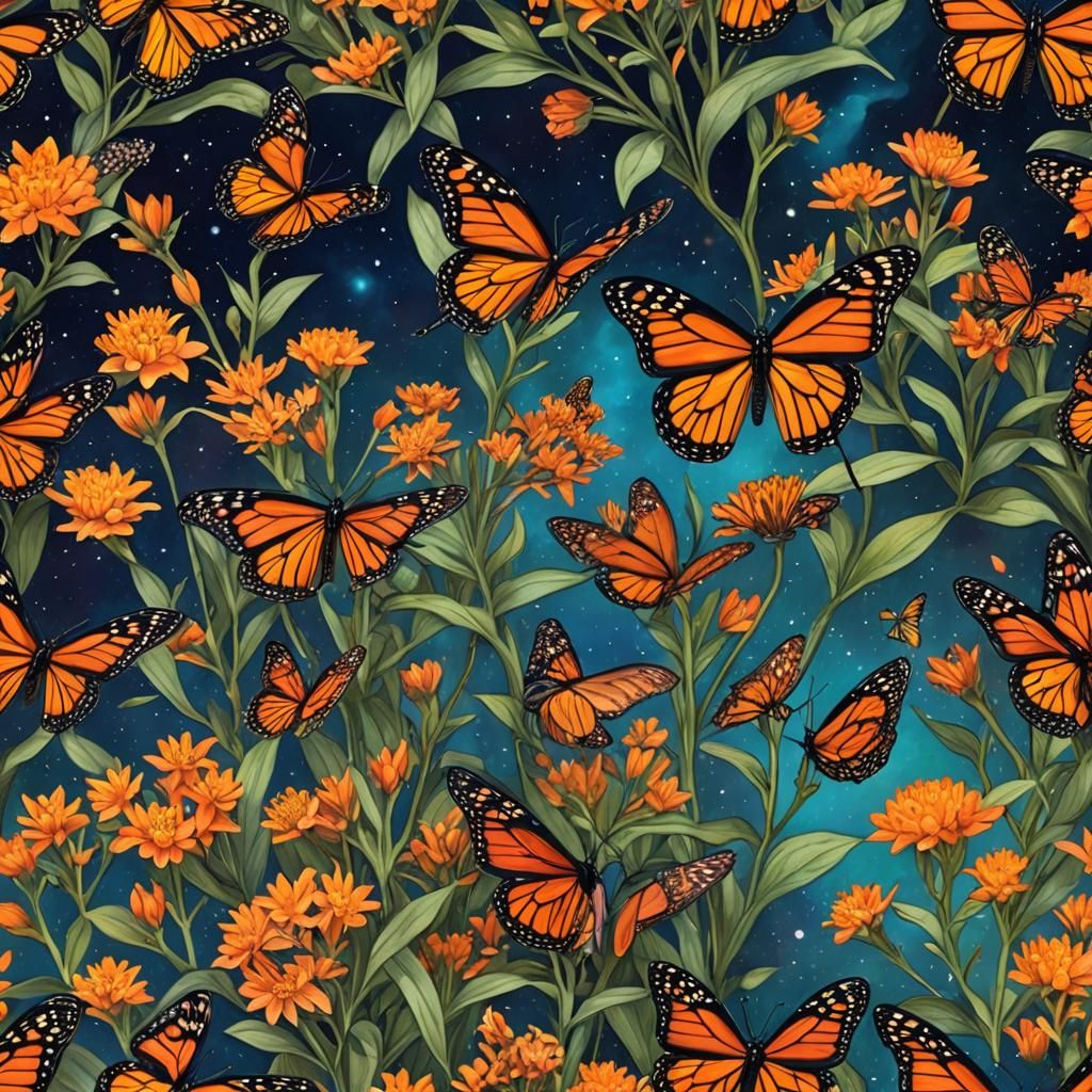 Monarch Butterfly Sipping Nectar: Holographic Astral Illustr...