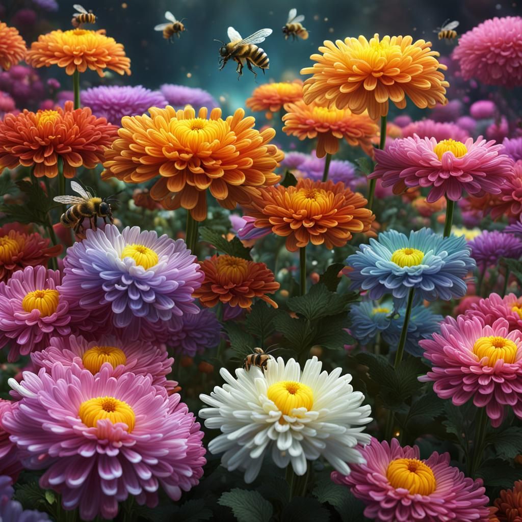 Chrysanthemum Flowers with Bee in Detailed Matte Painting
