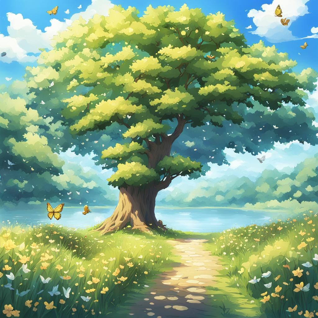 Anime-Style Oak Tree Near Lake on Sunny Day