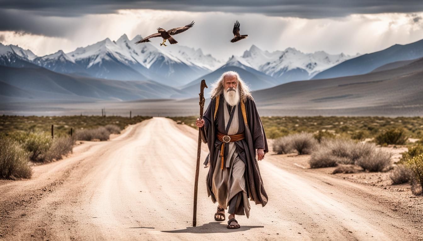 Elderly Wizard Walking Dusty Road with Hawk