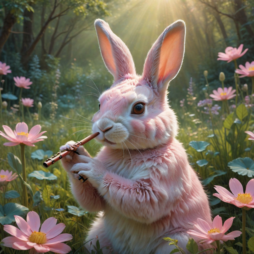 Enchanted Pink Rabbit Plays Ethereal Flute in Whimsical Surr...