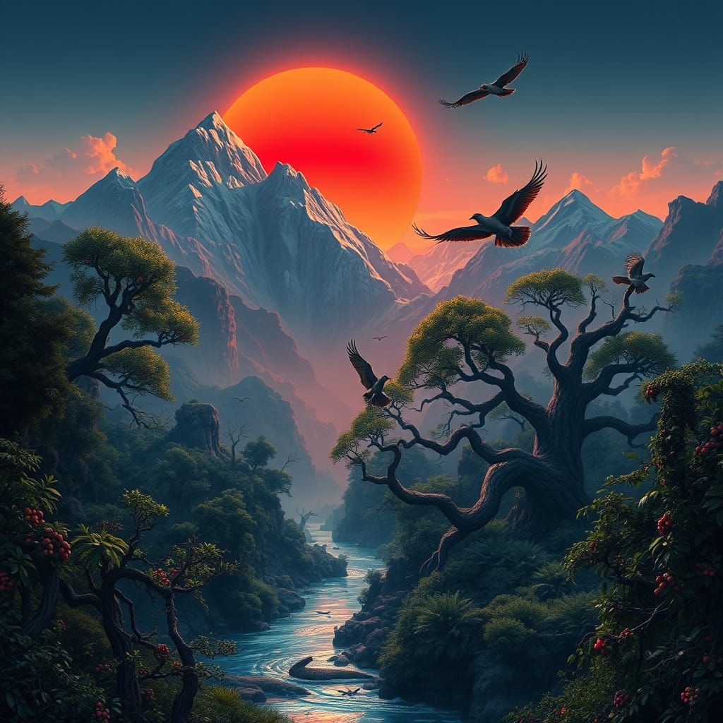 Vibrant Landscape with Red Sun and Blue Ice Arc
