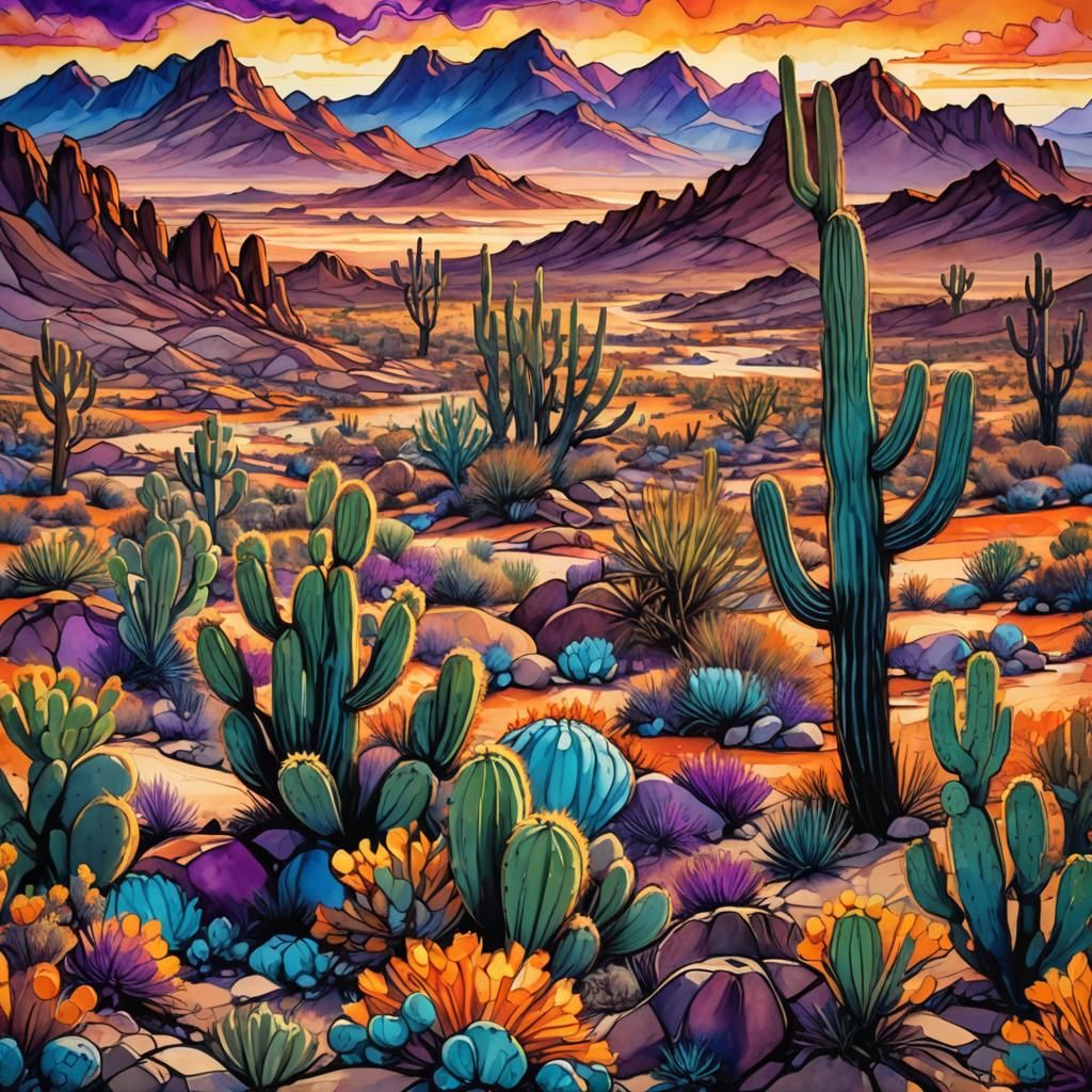 Alcohol ink Mojave desert sunrise