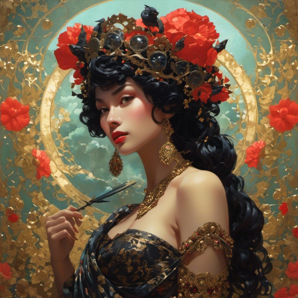 Black Cat Women in Alphonse Mucha Style