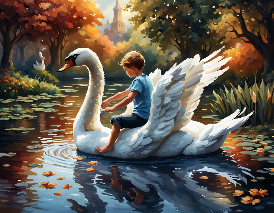 a boy riding a swan as a boat