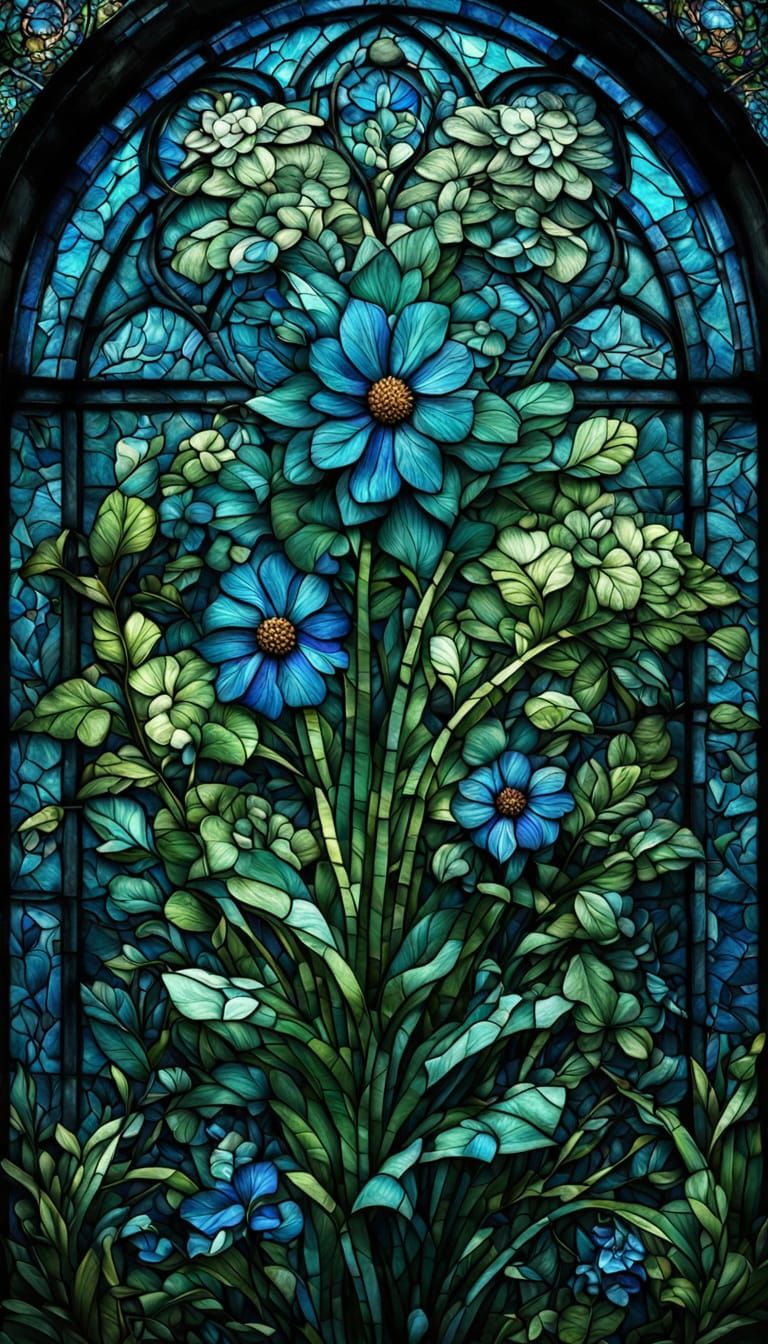 Vibrant Stained Glass Flowers in Green and Blue
