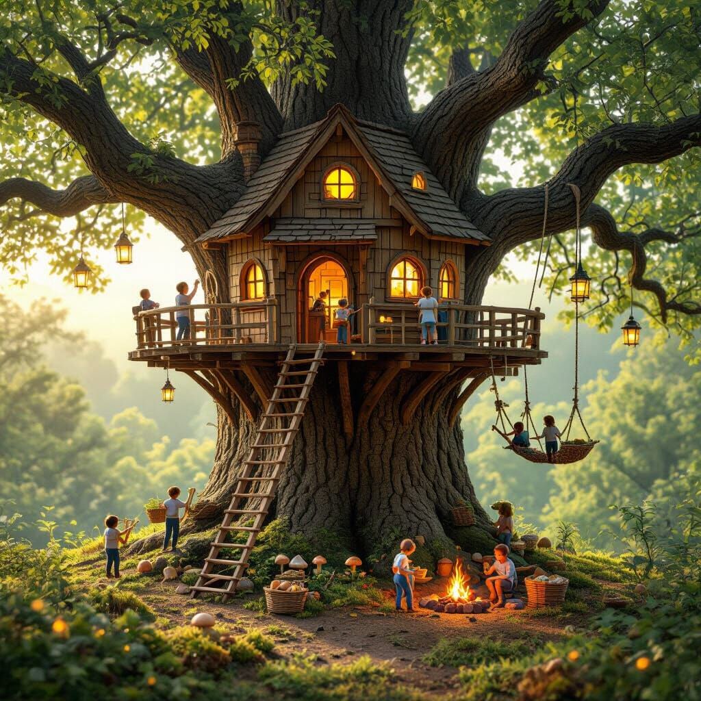 Hyper-Realistic Treehouse in Lush Forest at Golden Hour