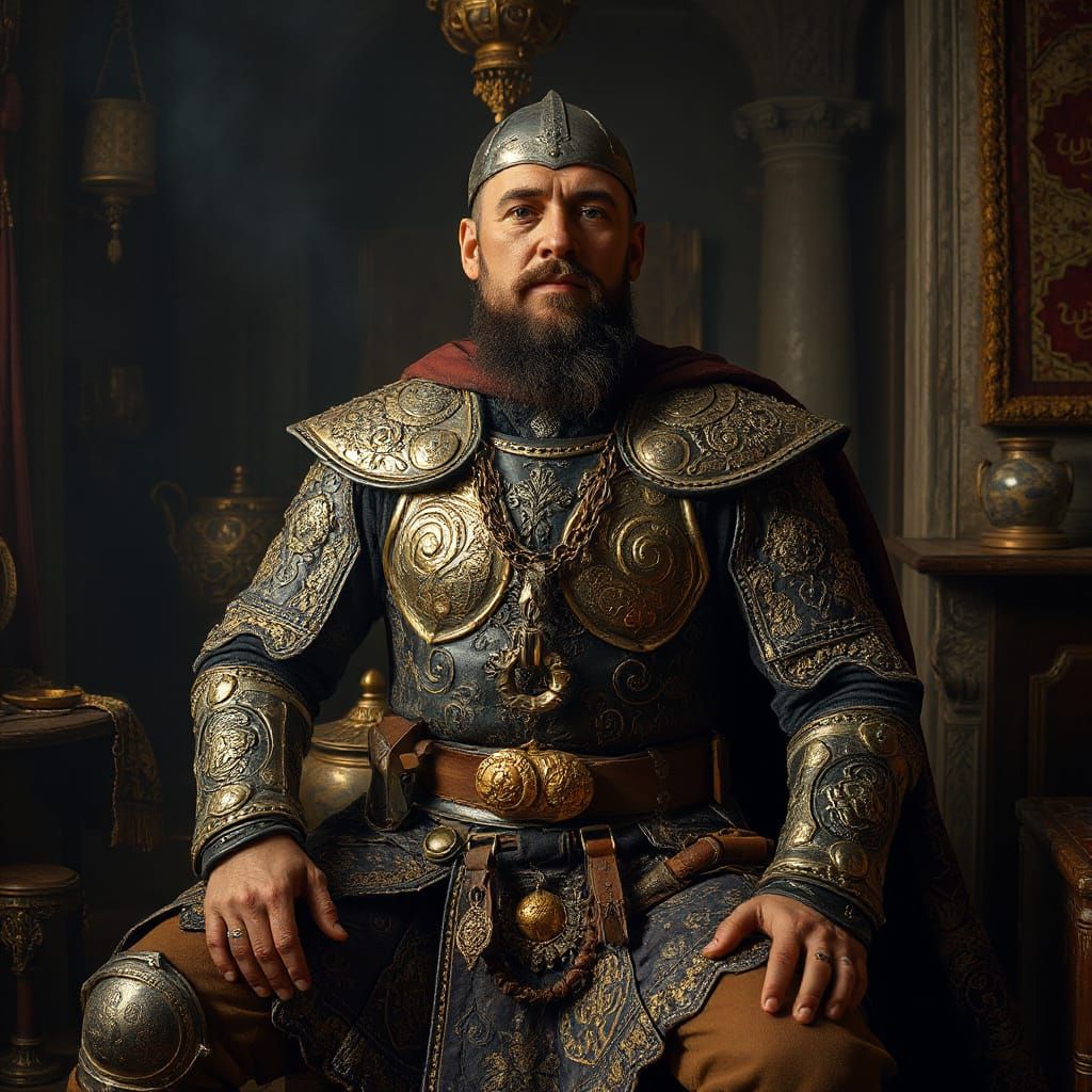 Majestic Seljuk Warrior in Opulent Ottoman-Inspired Chamber