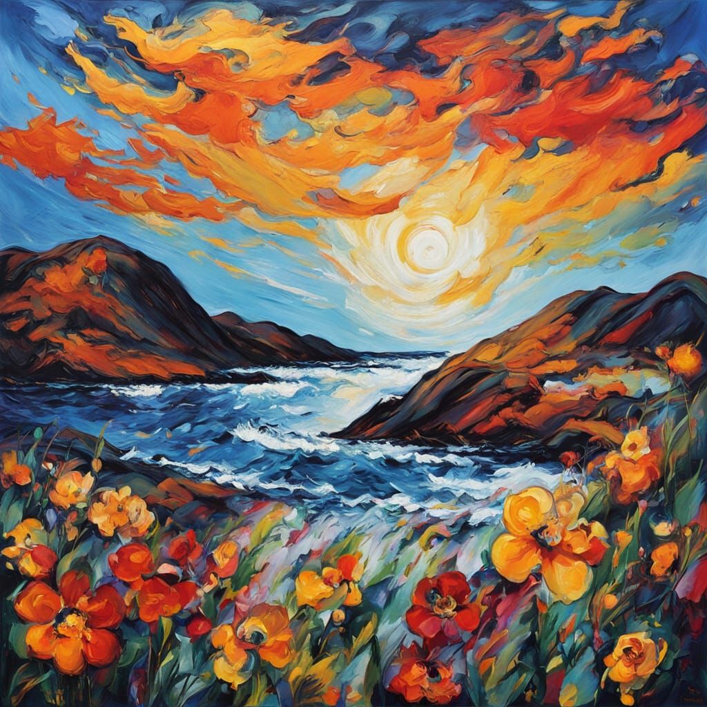 Expressionist Dreamscape: Sky Melts into Flowers