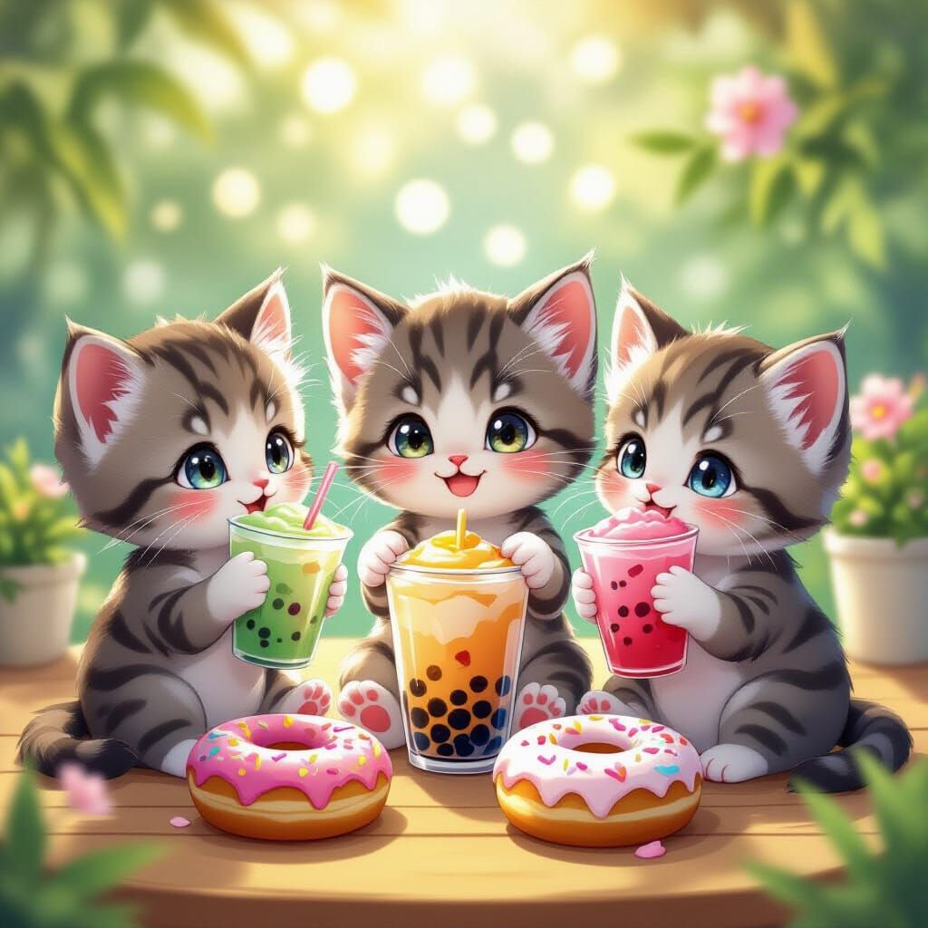 Adorable Kittens Enjoying Bubble Tea and Donuts in Anime Sty...