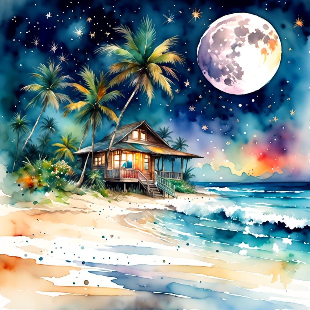 Watercolor Beach Bungalow Under Fireworks