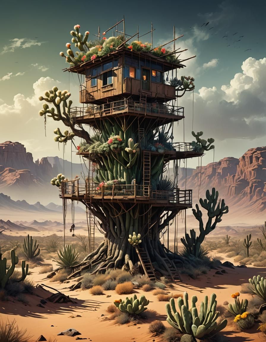 Cactus Treehouse in Desert, Digital Matte Painting