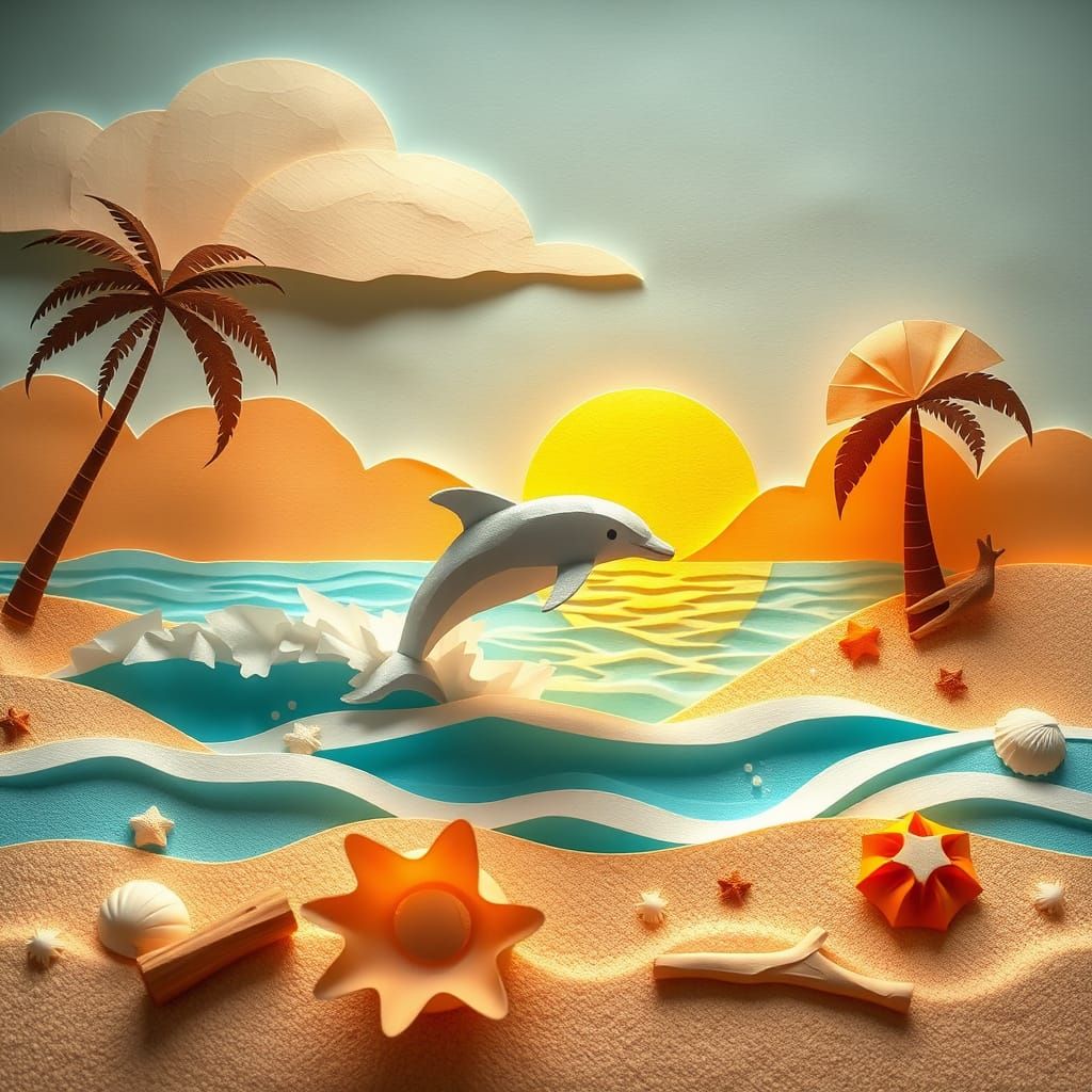 Paper Beach Scene with Leaping Dolphin in Paper Art Style
