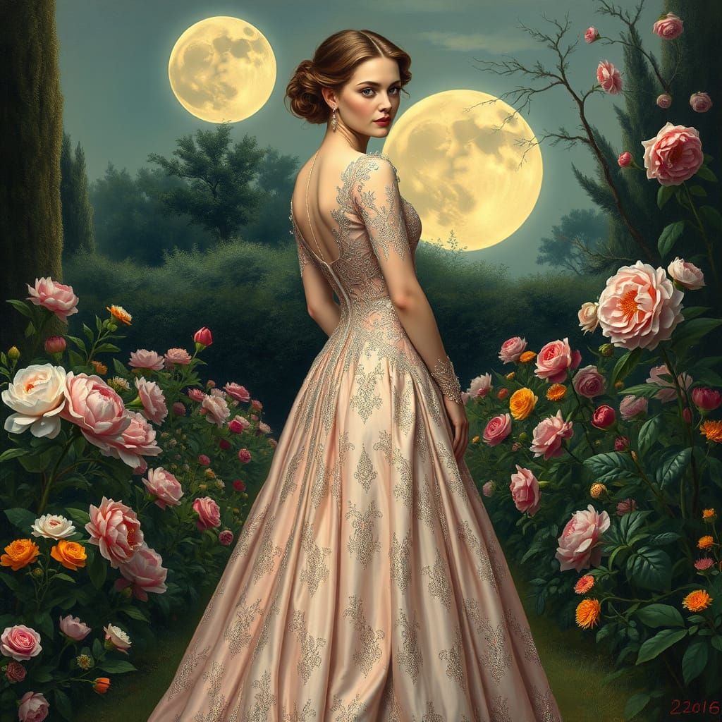 Elegant 18th-Century Lady in a Moonlit French Garden