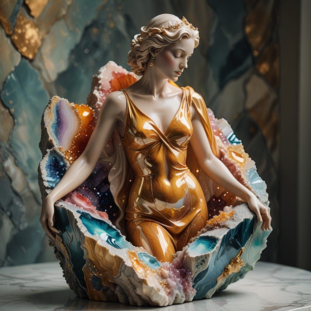 Ethereal Goddess Emerging from Golden Geode in Soft Focus