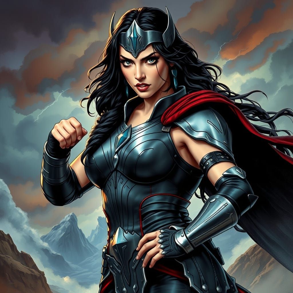 Futuristic Warrior Princess in Stormy Asgardian Landscape