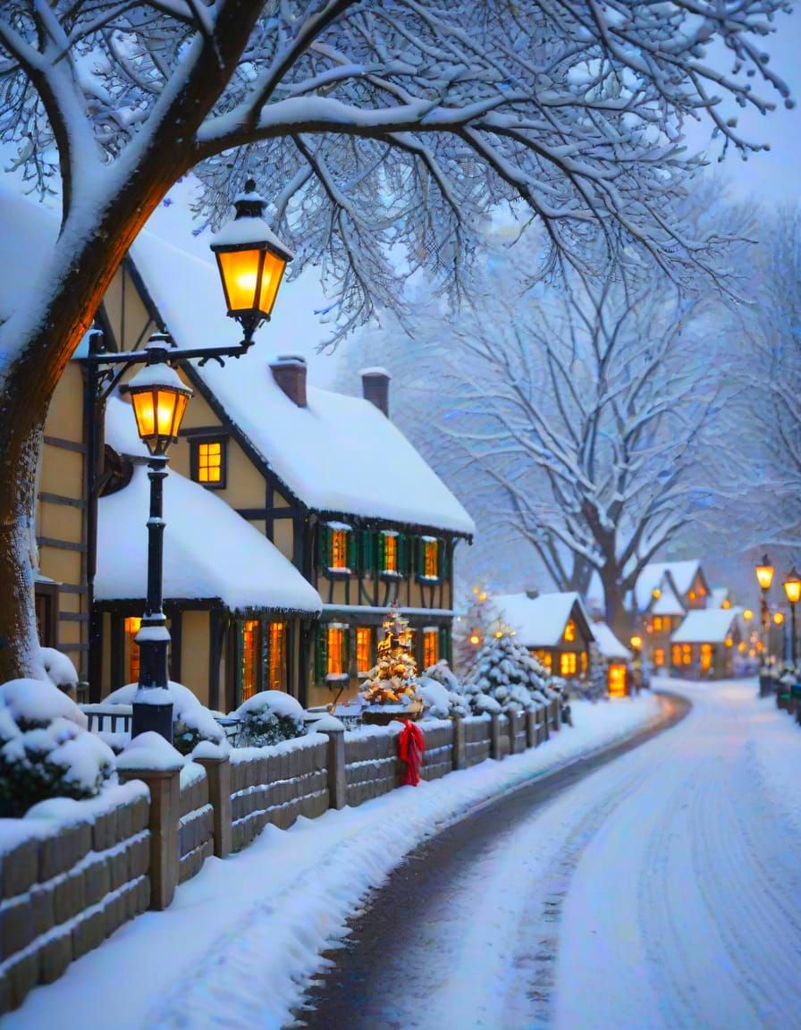 Stunning Christmas Village Aglow with Lamplight in Snow