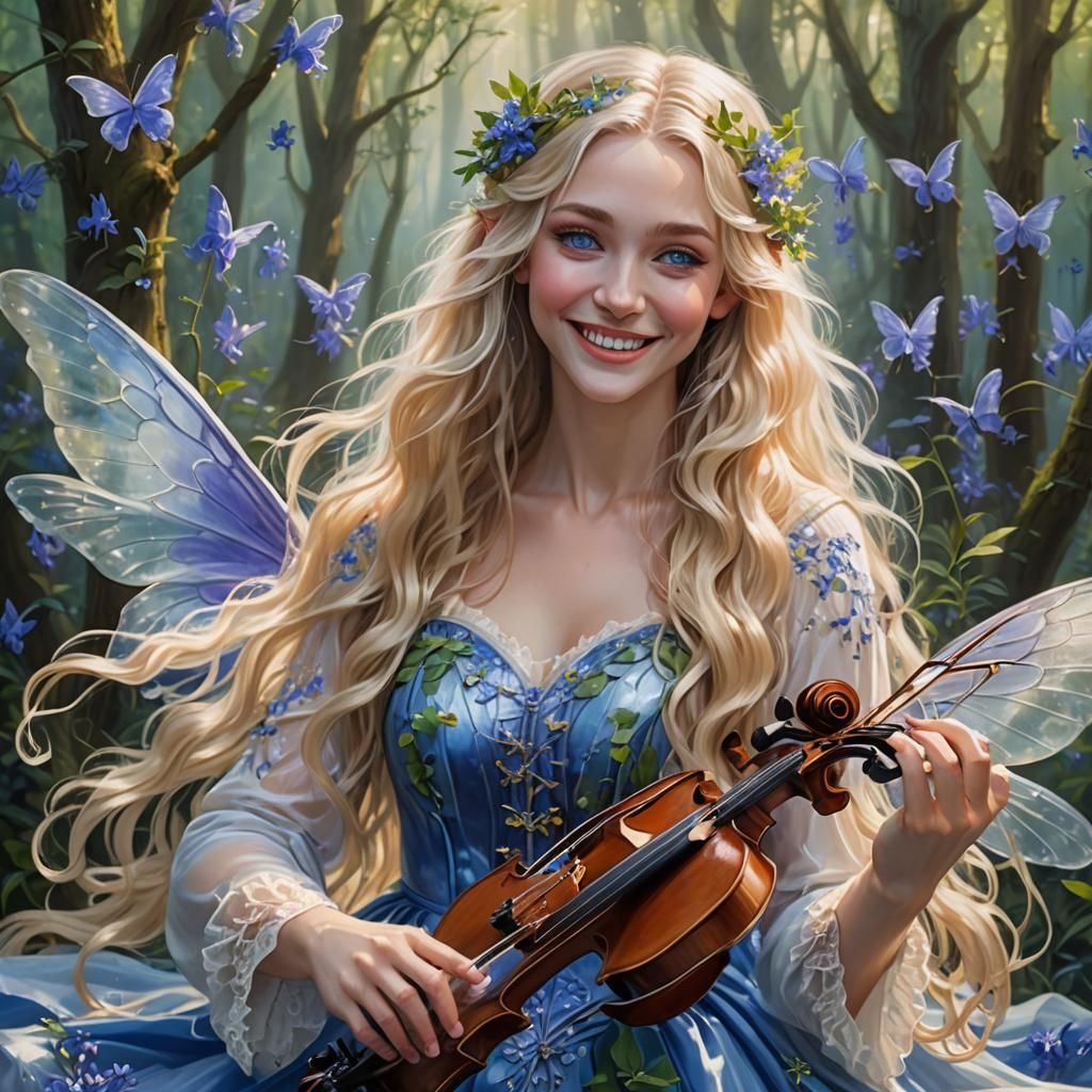 Fairy with Violin in Misty Bluebell Forest