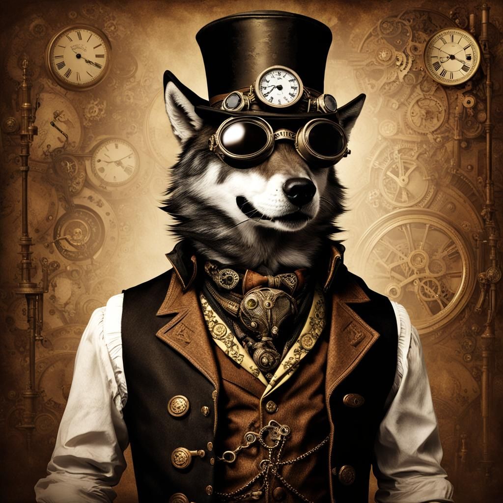 Steampunk Wolf with Victorian Vest and Goggles