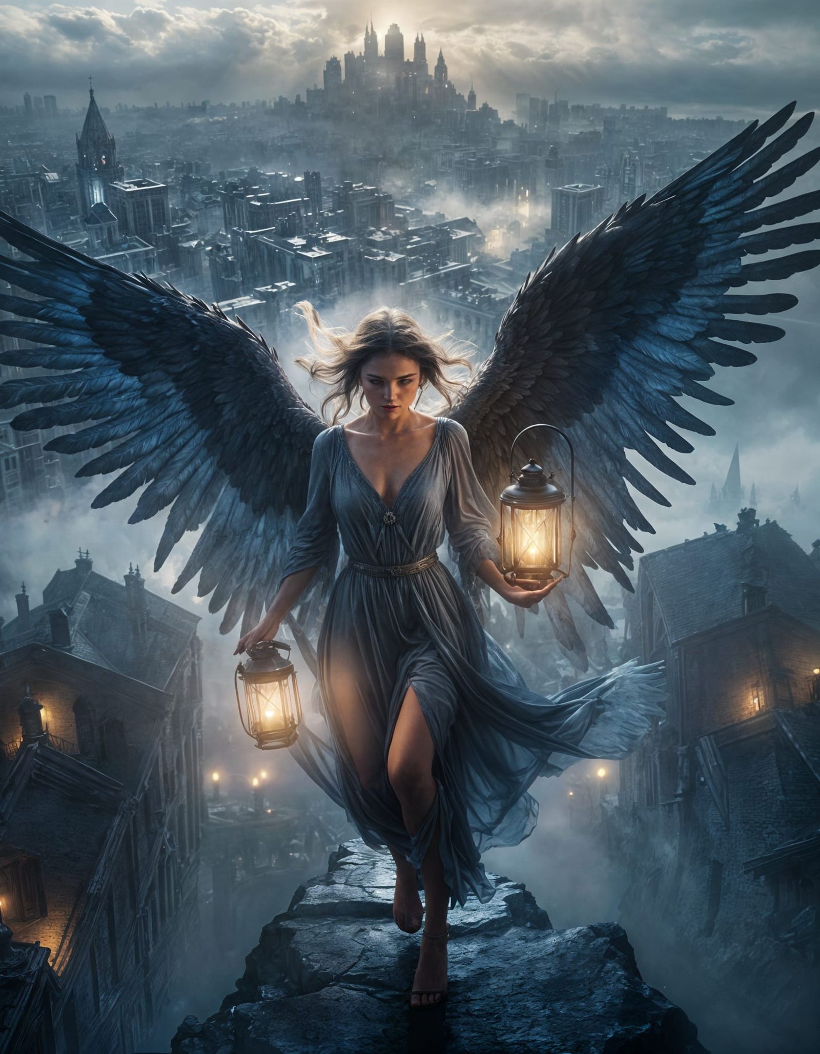 Angel Descends into Misty Gothic City with Lantern