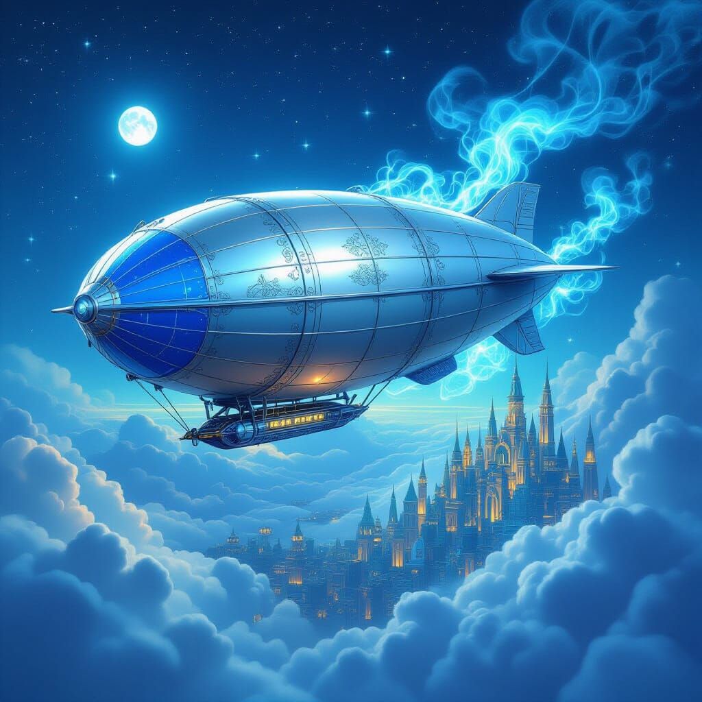 Whimsical Zeppelin Over Bioluminescent Cityscape