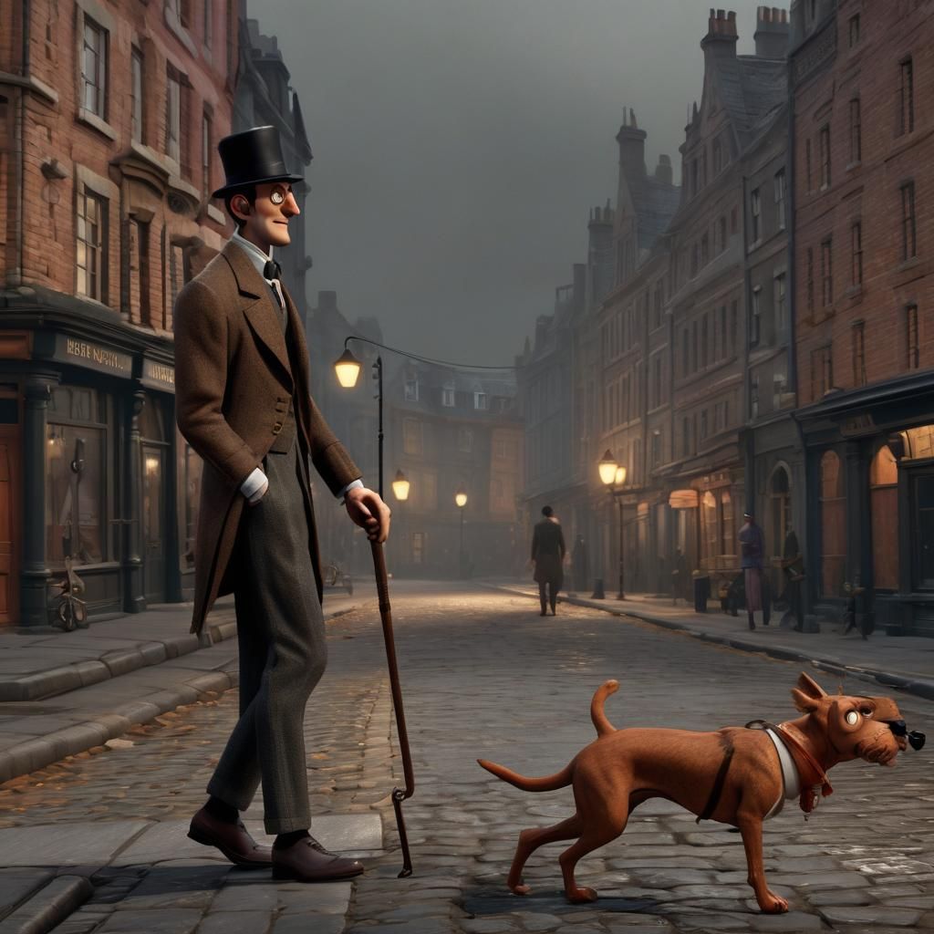 Nightmarish Gentleman on Desolate Street in Pixar Style