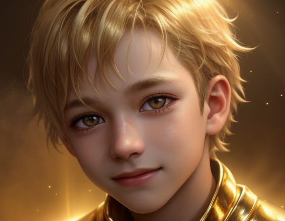 Boy Glowing with Golden Aura in Grunge Oil Painting