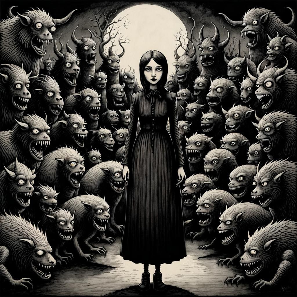 Woman Surrounded by Monsters: Pen and Ink Art