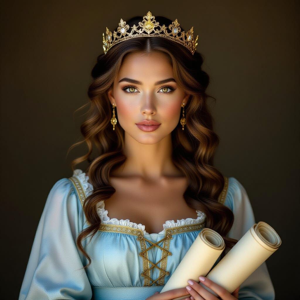 Medieval Woman with Gold Circlet Crown Holding Scrolls