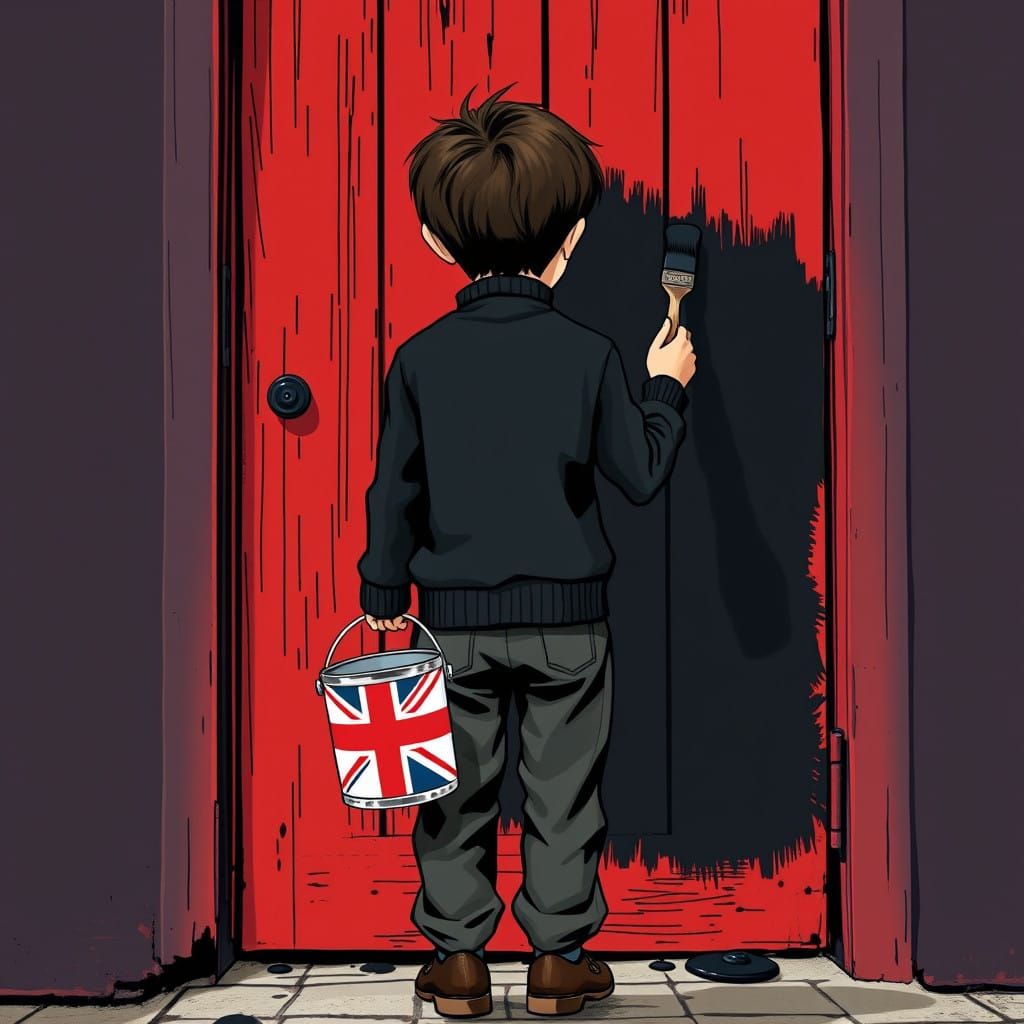 A Boy Paints a Classic Door Black in Retro Style