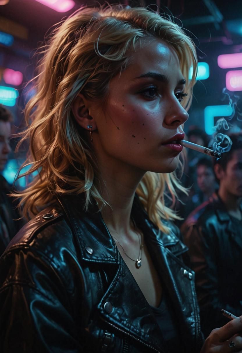 Neon Noir: Woman Smoking in 1980s Music Club