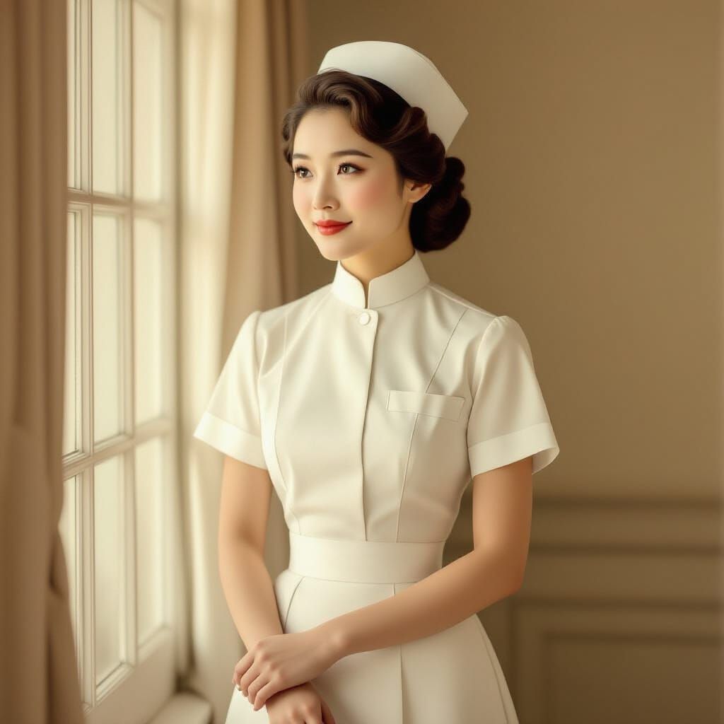 Serene Chinese Nurse in Sepia Portrait, 1940s Style