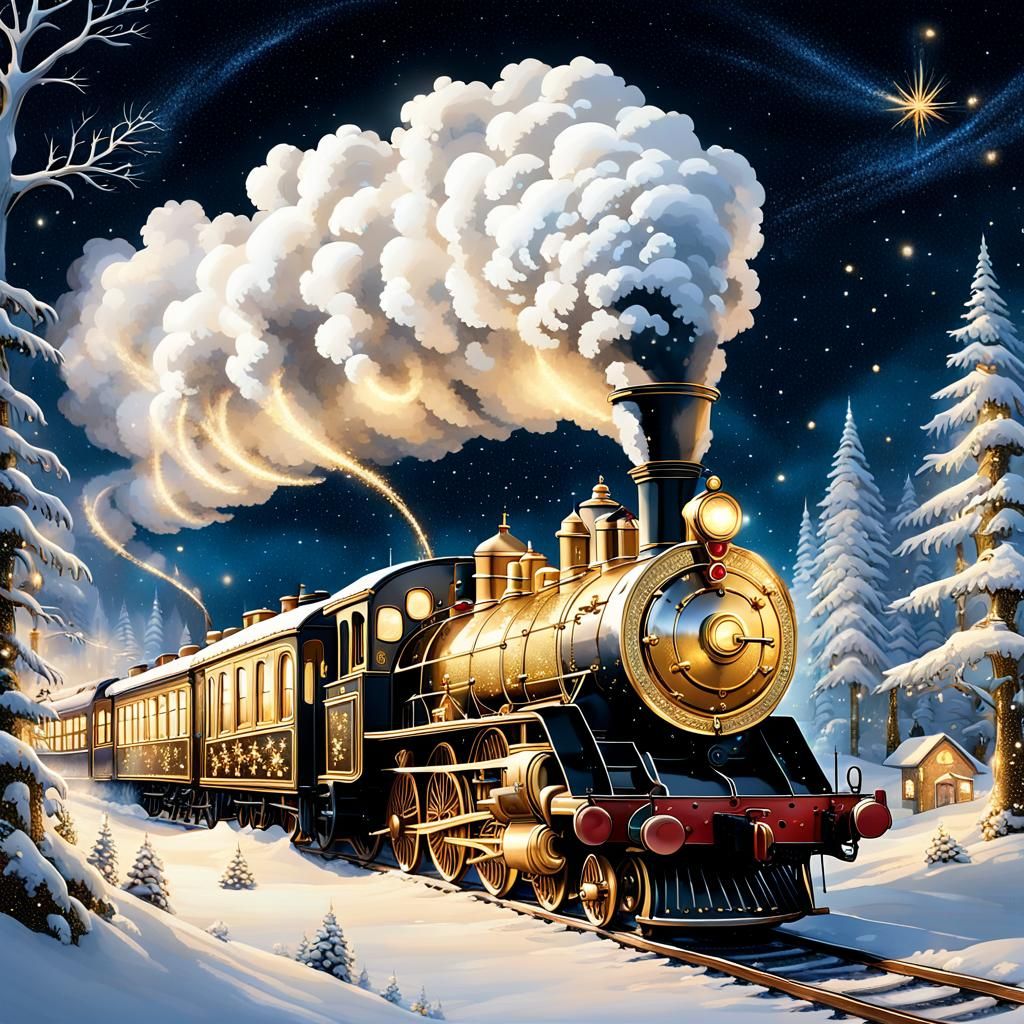 Golden Steam Train Soaring Under Starry Canopy